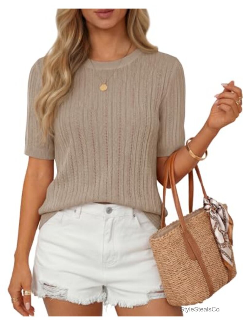 ZESICA Women's Short Sleeve Knit Sweater Top Crochet Crewneck Pullover